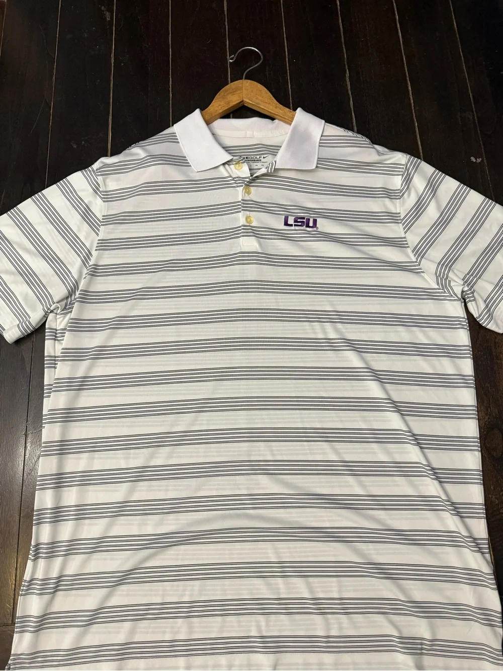Nike White Dr-Fit Polo with Thin Black Stripes and Purple LSU Logo